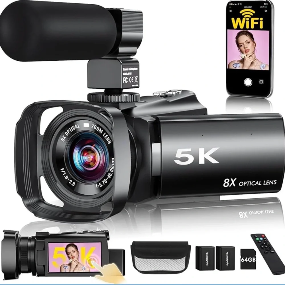 5K Black Video Camera with WiFi and 8X Optical Zoom